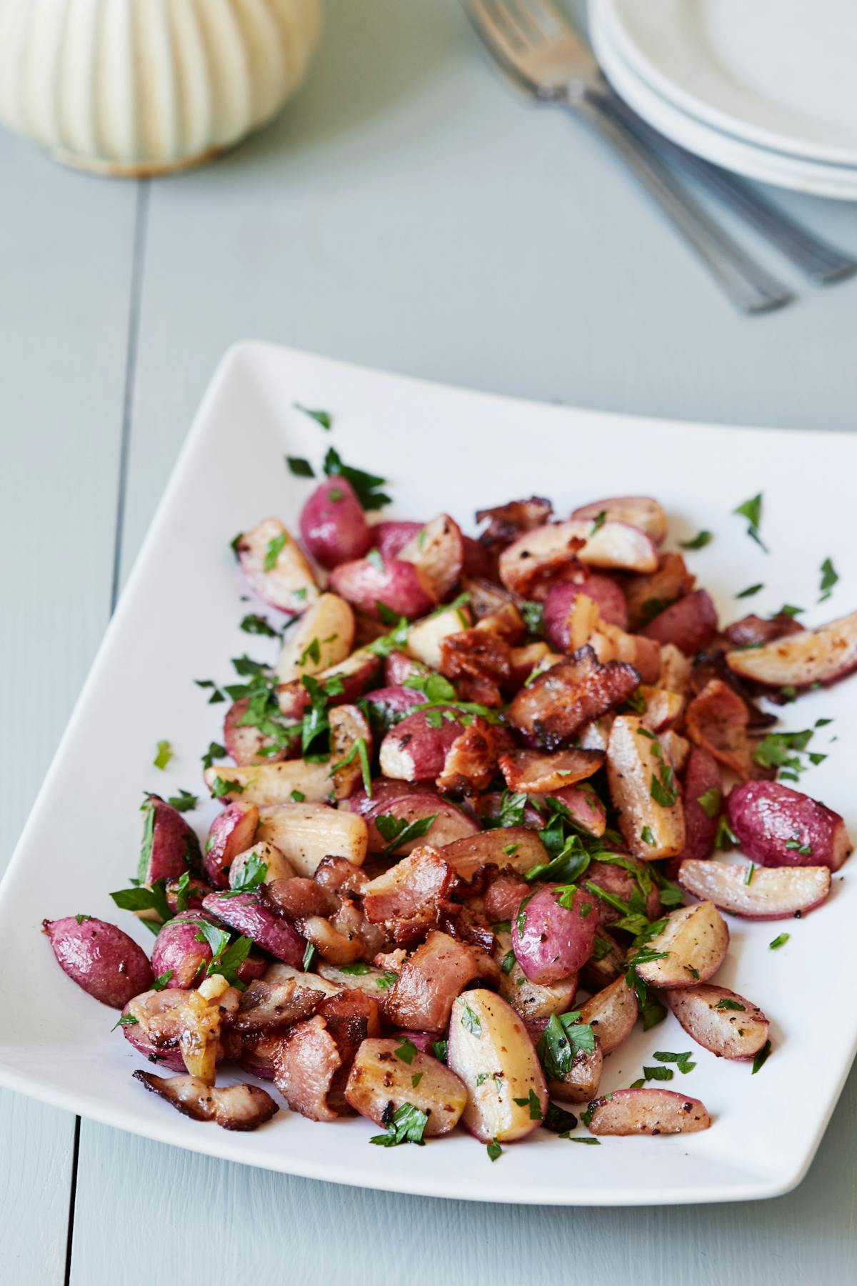 Pan-fried radishes with bacon