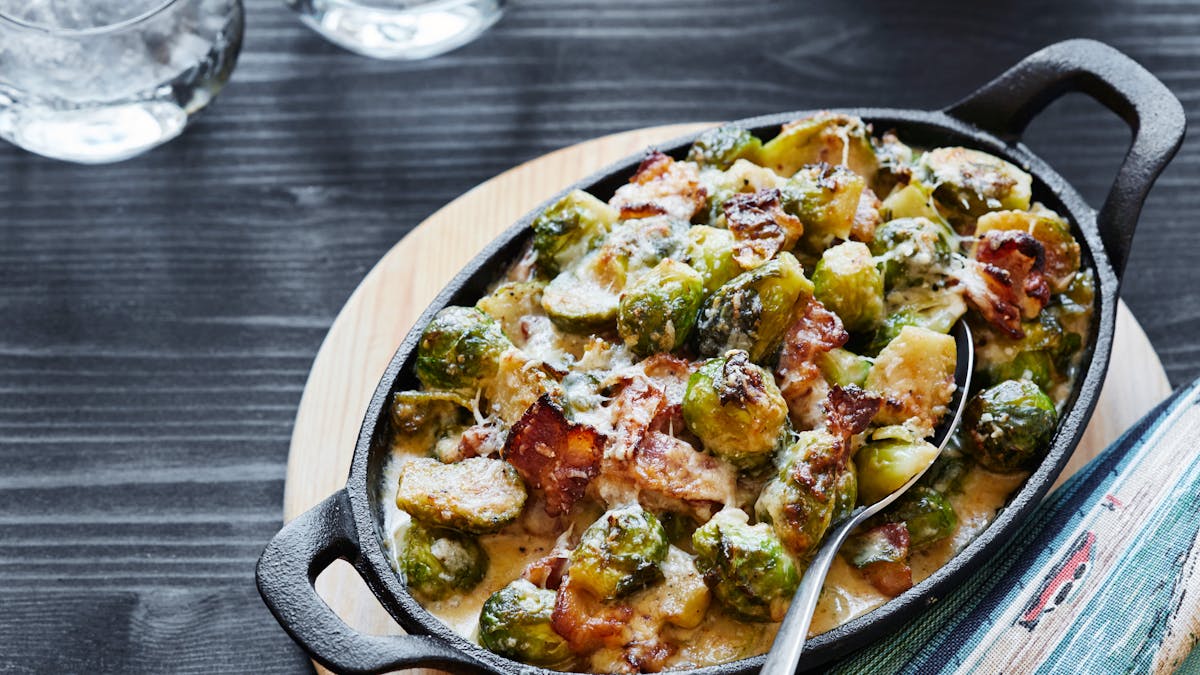 Brussels sprouts and bacon in a creamy parmesan sauce
