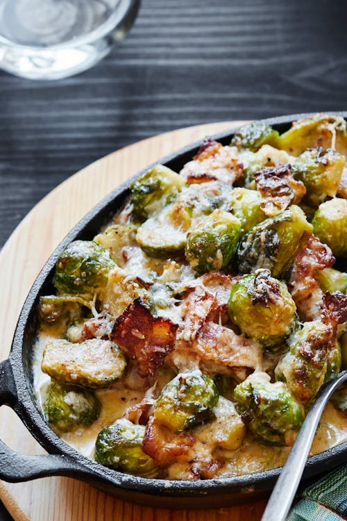 Brussels sprouts and bacon in a creamy parmesan sauce
