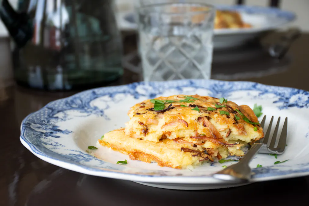 Keto oven pancake with bacon and onion