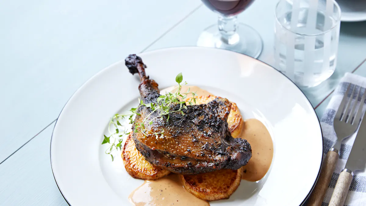 Duck confit with roasted rutabaga and balsamic sauce