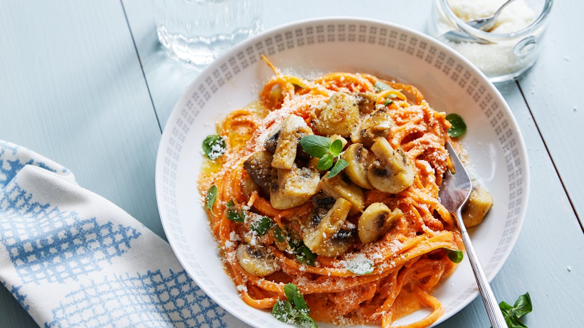 Butternut pasta with tomato sauce and garlic mushrooms