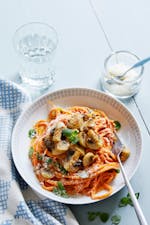 Butternut pasta with tomato sauce and garlic mushrooms