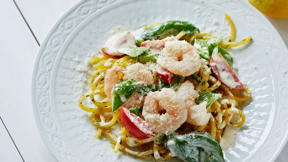 Rutabaga pasta with creamy shrimp sauce