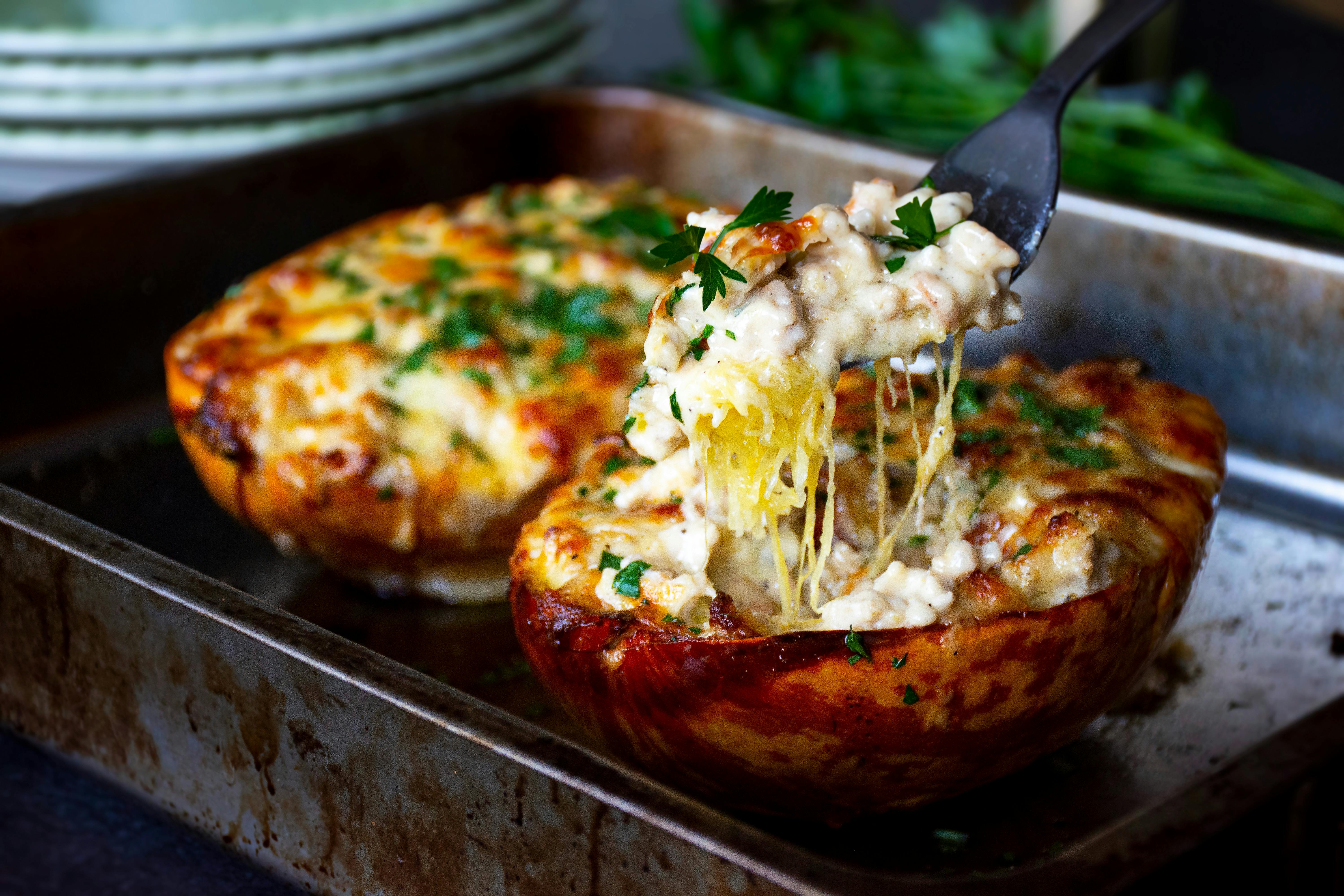 Keto Cheesy Chicken Spaghetti Squash Recipe Diet Doctor Keto Cheesy Chicken Spaghetti Squash Recipe Diet Doctor