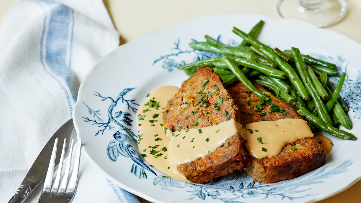 Meatloaf with gravy and beans