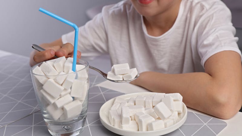 Simple carbohydrates,food with hidden sugar, kids and sugar addiction, diabetes. Children bad eating habits, health care concept