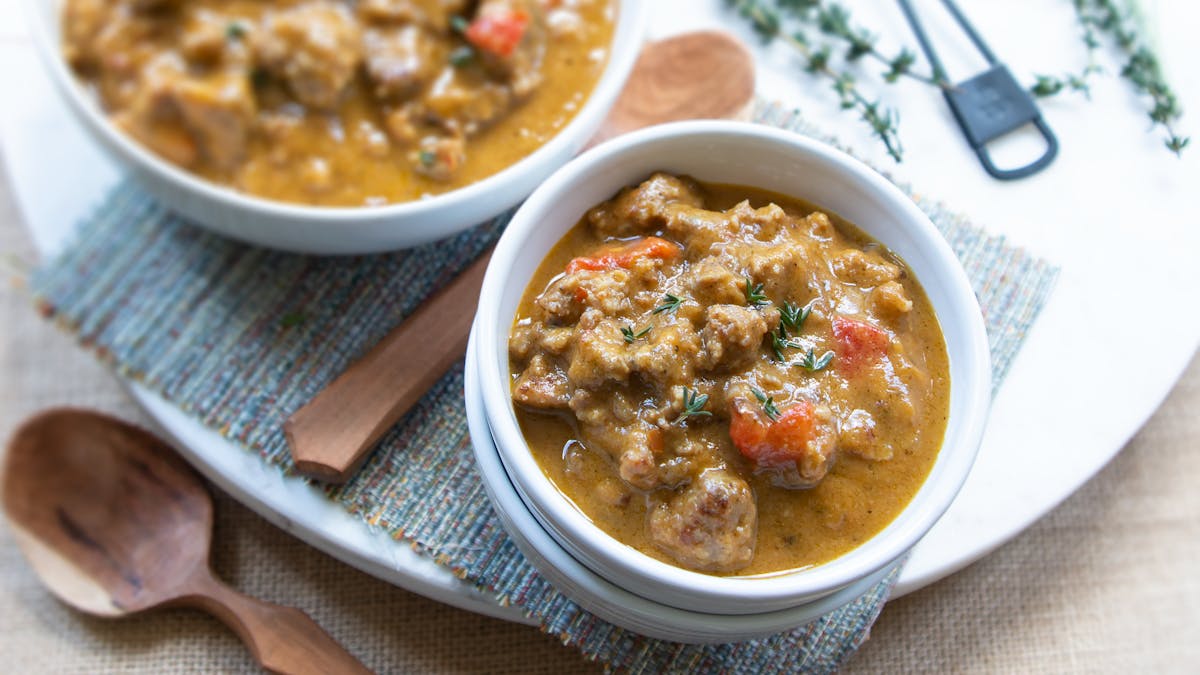 Keto harvest pumpkin and sausage soup