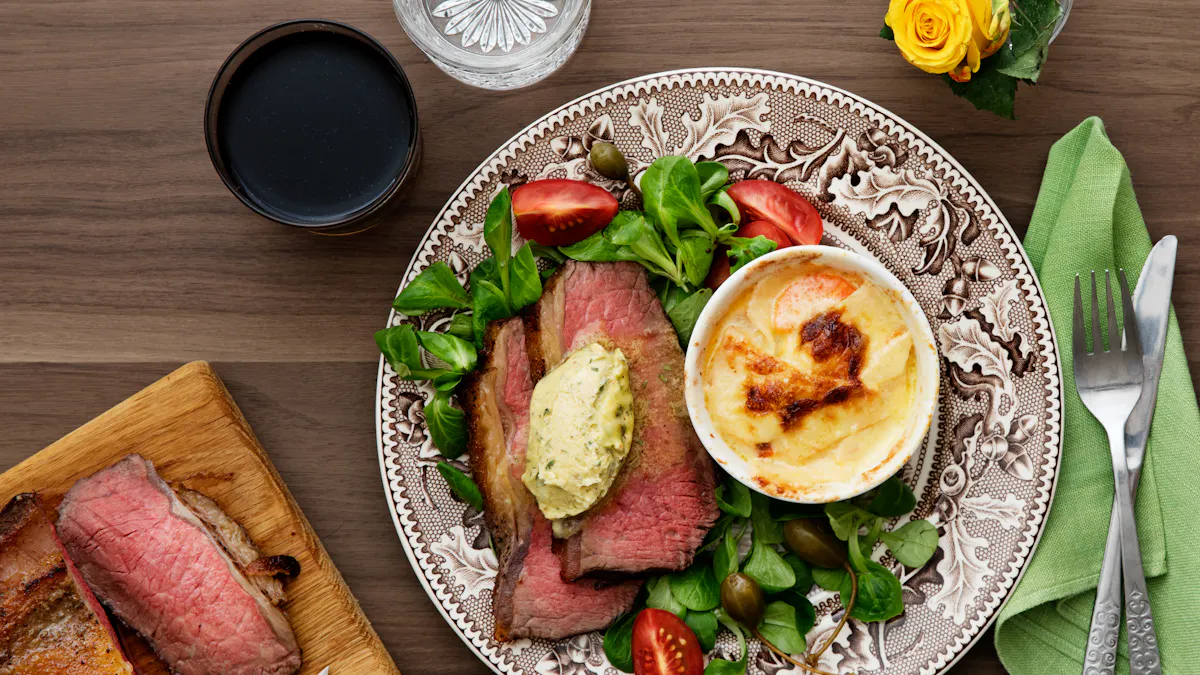 Beef sirloin with tarragon butter and creamy gratin