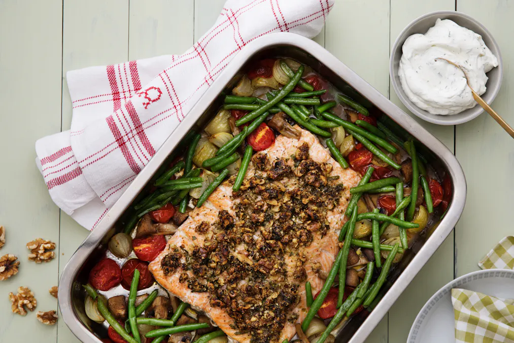 One-pan salmon with crispy herb and walnut crust