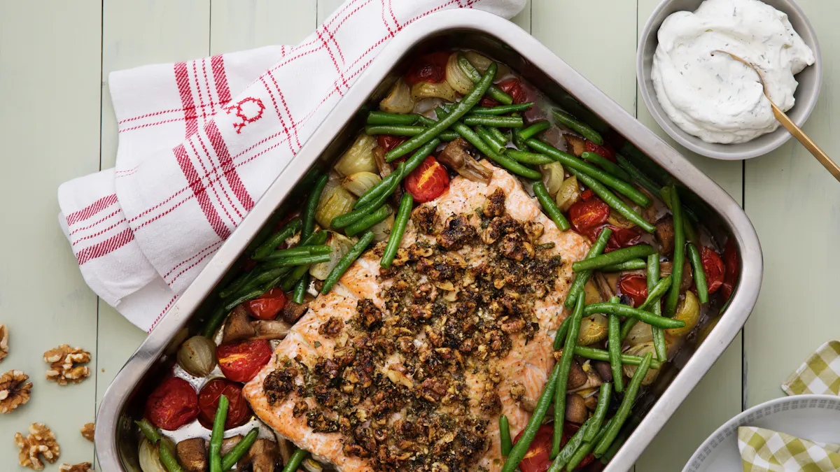 One-pan salmon with crispy herb and walnut crust