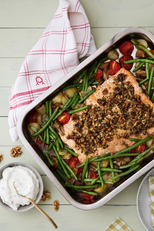 One-pan salmon with crispy herb and walnut crust