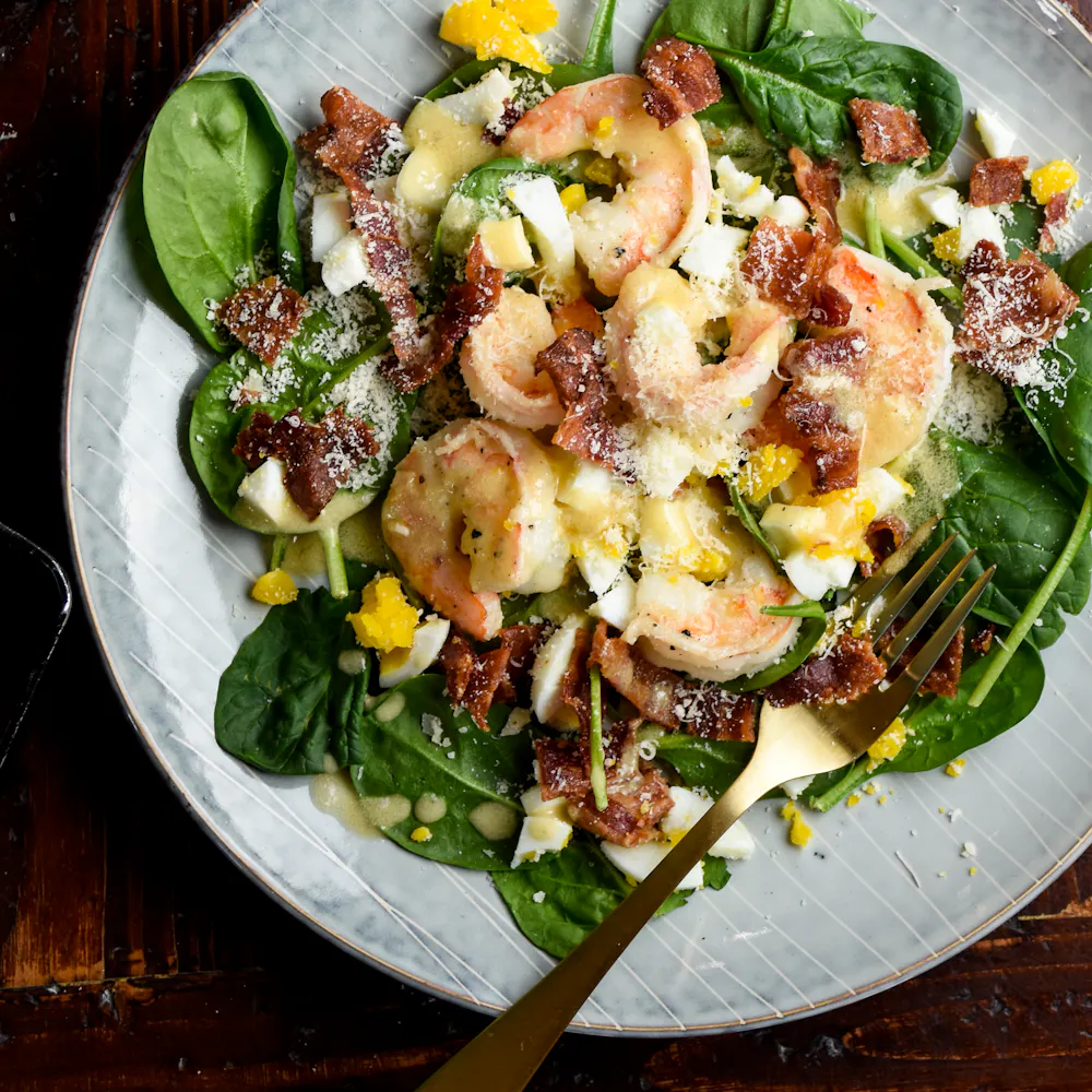 Shrimp salad with hot bacon fat dressing Shrimp salad with hot bacon fat dressing