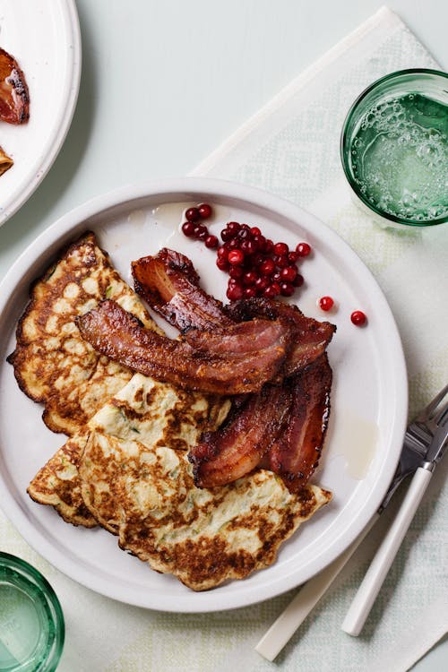 Keto fauxtato pancakes with fried pork belly