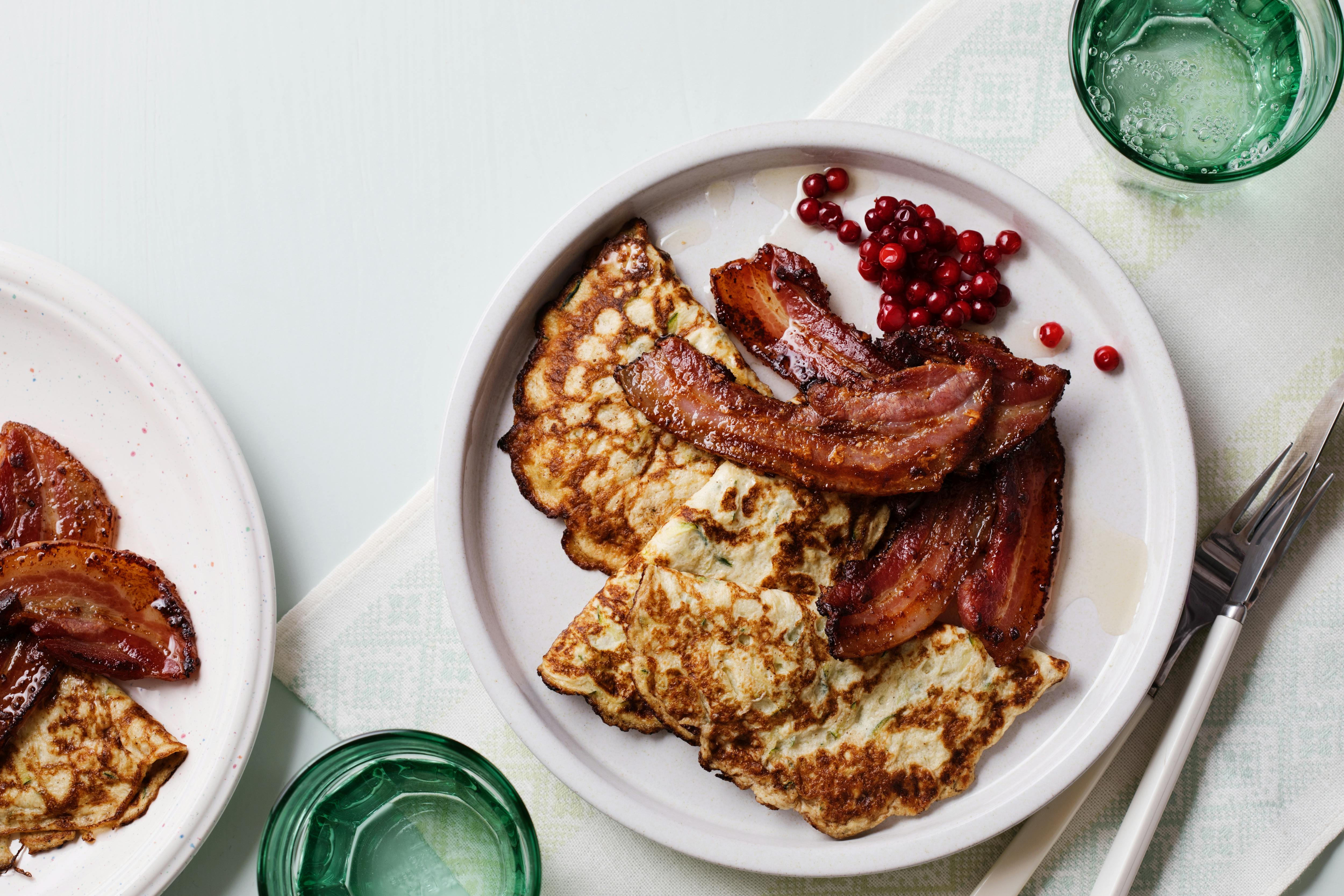 Keto fauxtato pancakes with fried pork belly