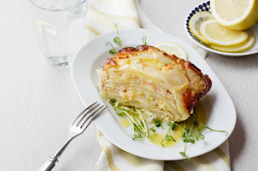 Smoked salmon and kohlrabi gratin