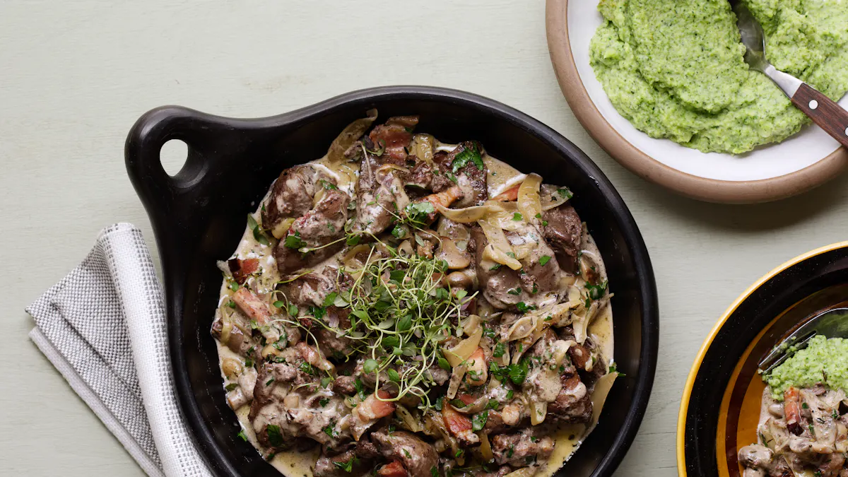 Chicken liver in mushroom sauce and broccoli mash