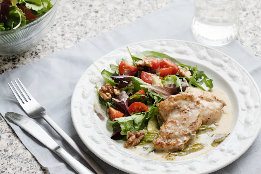 Keto blue cheese chicken with walnut salad
