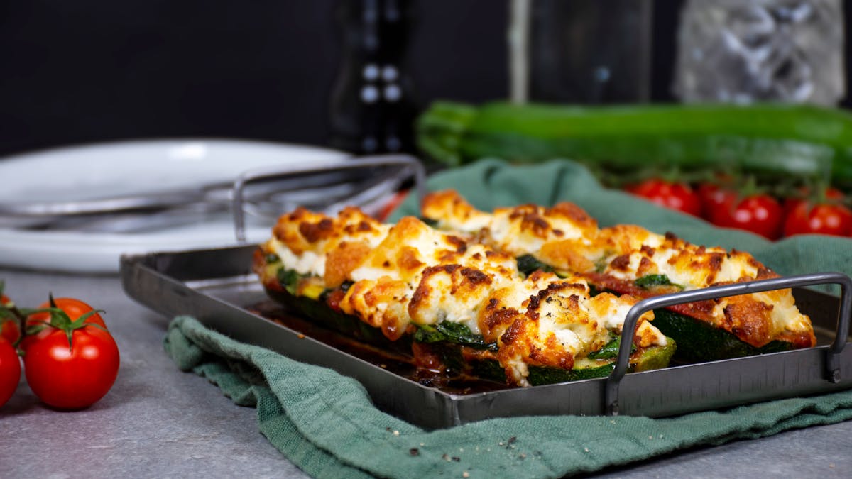 Keto zucchini pizza boats with goat cheese