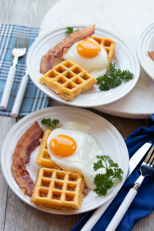 Keto bacon cheddar cornbread waffles with egg and bacon