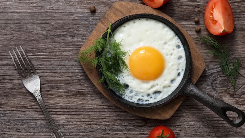 Fried eggs in a frying pan. Food. Breakfast. Healthy food.