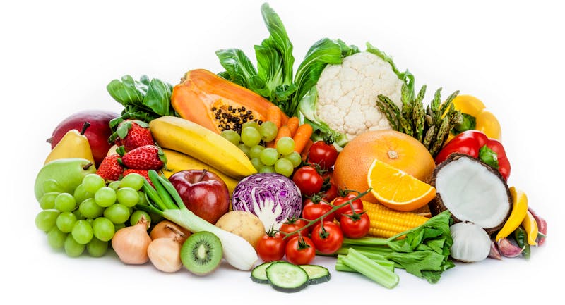 Healthy fresh fruits and vegetables heap isolated on white background