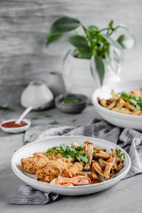 Keto chicken Milanese with turnip fries and BBQ dip