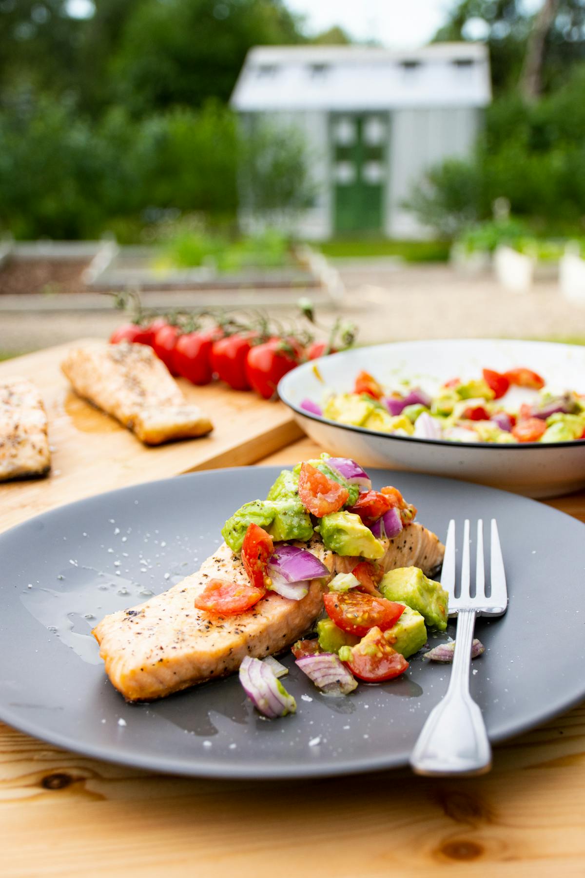 Grilled salmon with avocado topping