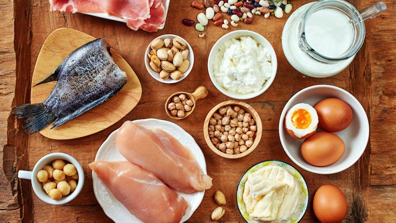 Top view of high-protein foods.