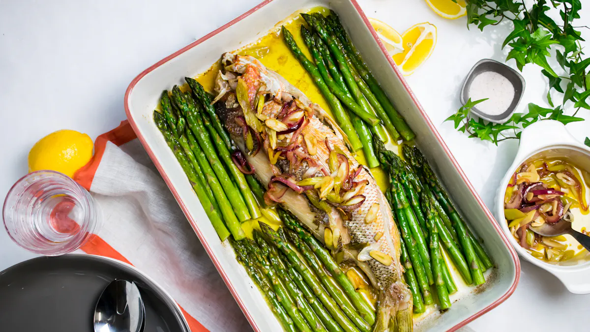 Baked snapper with onions and asparagus