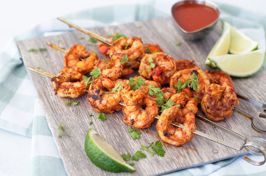 Buttery harissa shrimp skewers