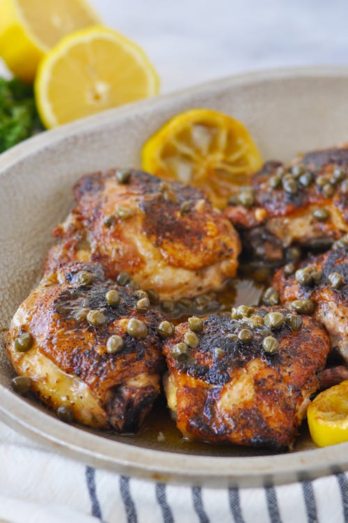 Crispy keto chicken thighs with lemon butter caper sauce