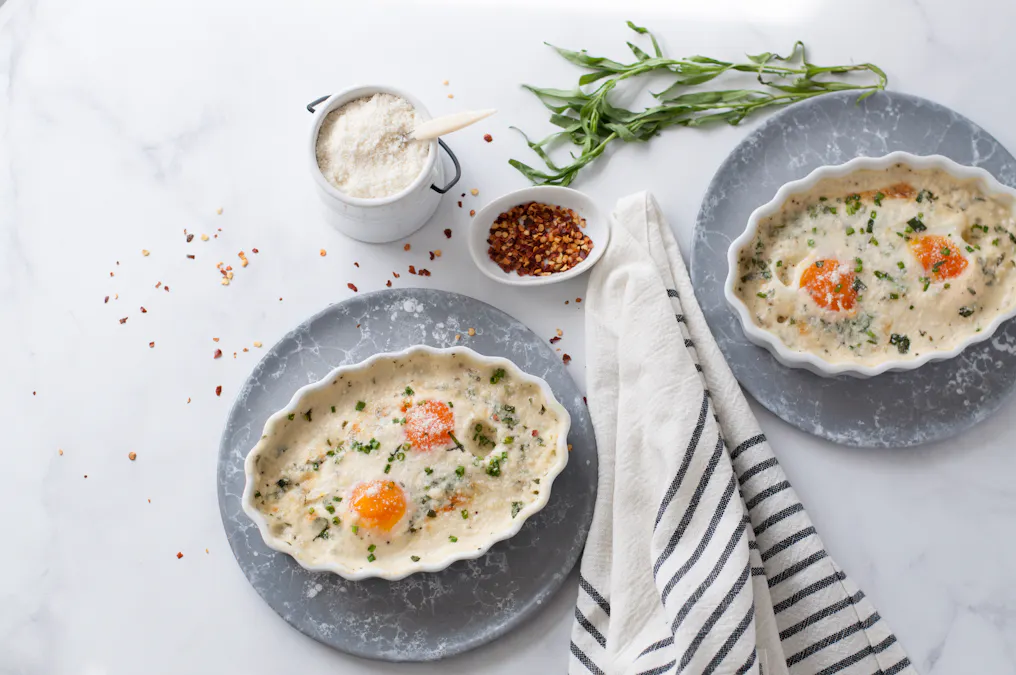 Keto baked eggs with tarragon chive cream sauce