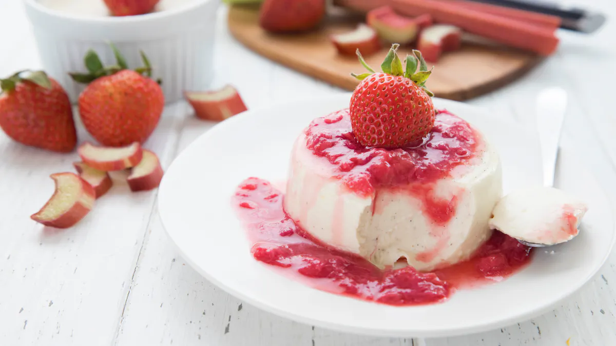 Low carb vanilla panna cotta with strawberry rhubarb sauce