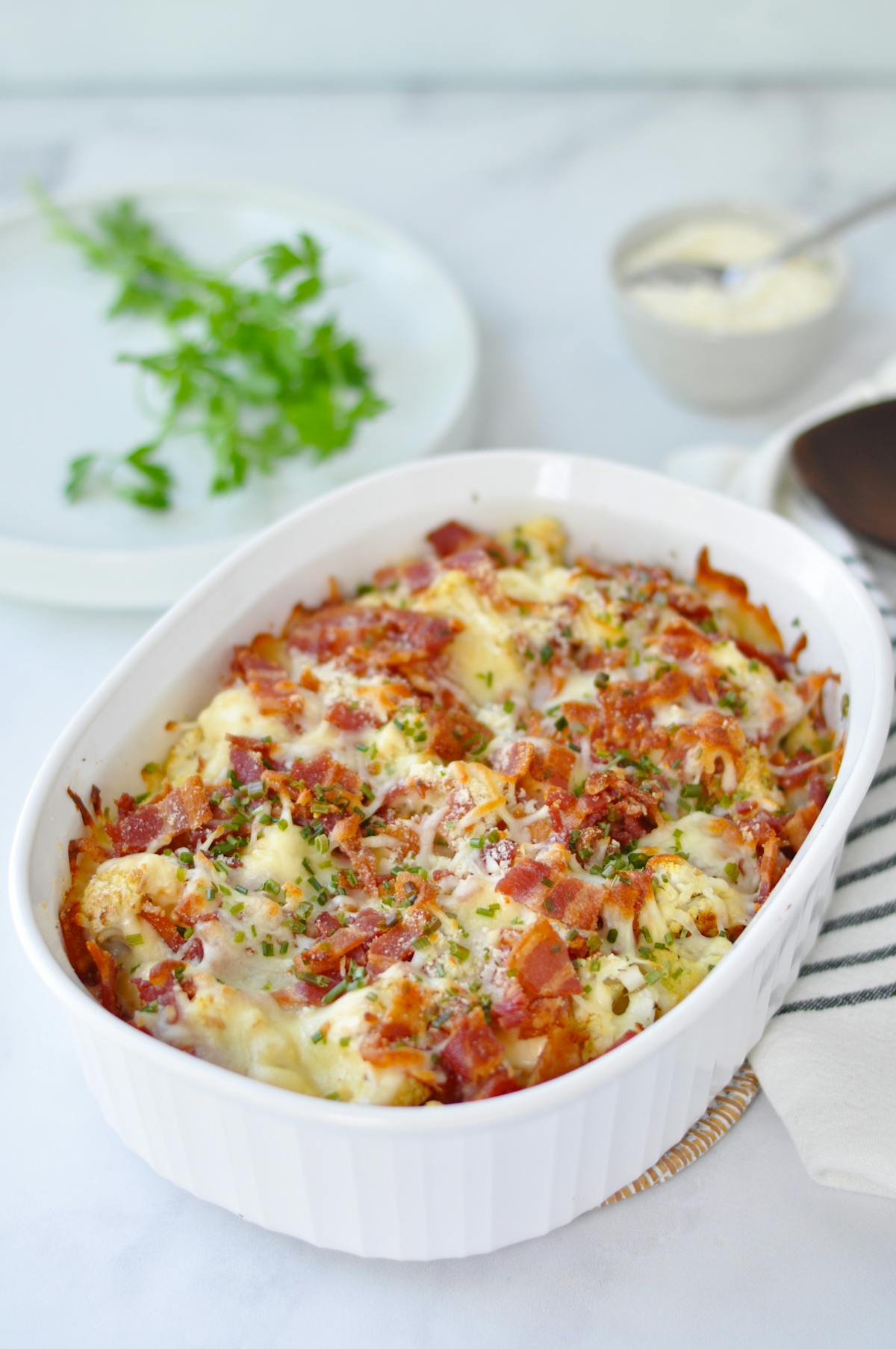 Garlic and herb cauliflower mac and cheese with bacon