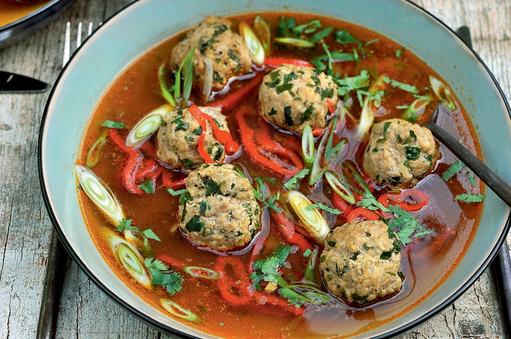 Low carb meatballs in ginger-soy broth