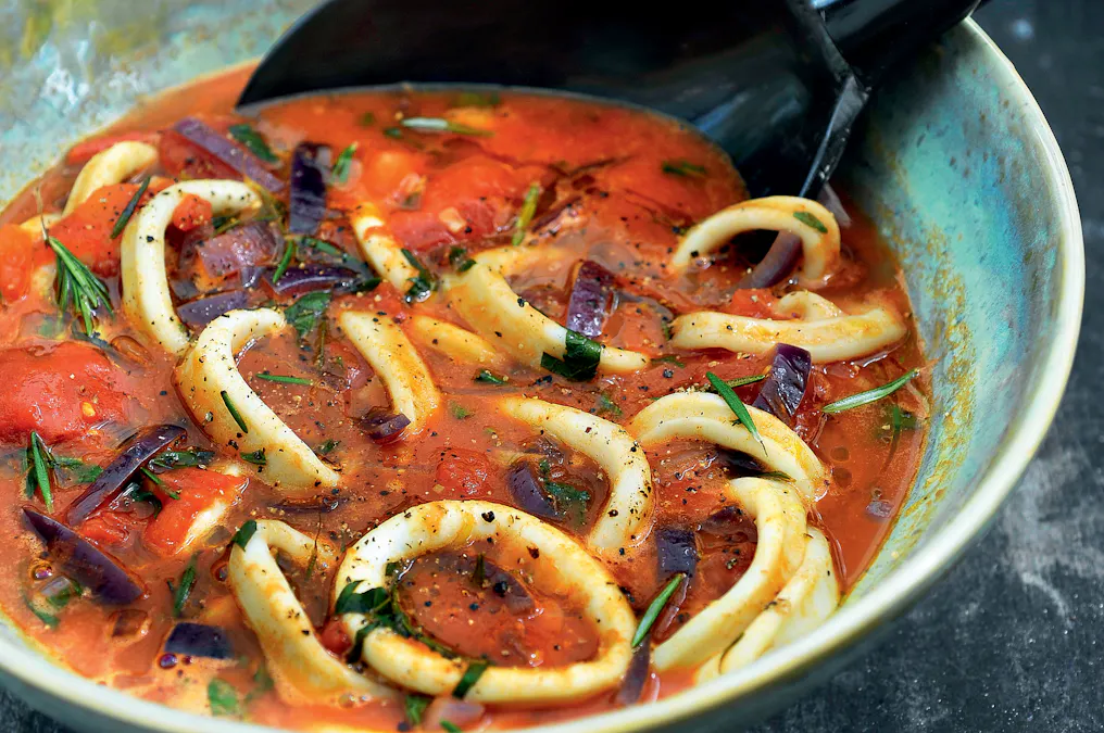 Mediterranean tomato stew with calamari