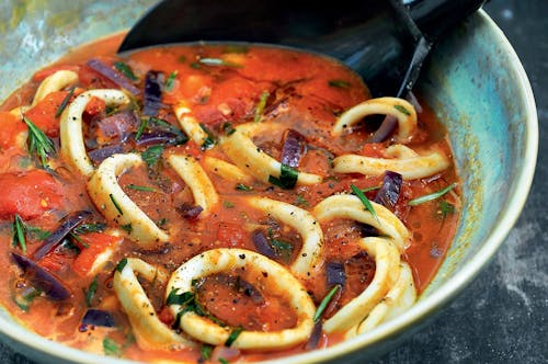 Mediterranean tomato stew with calamari