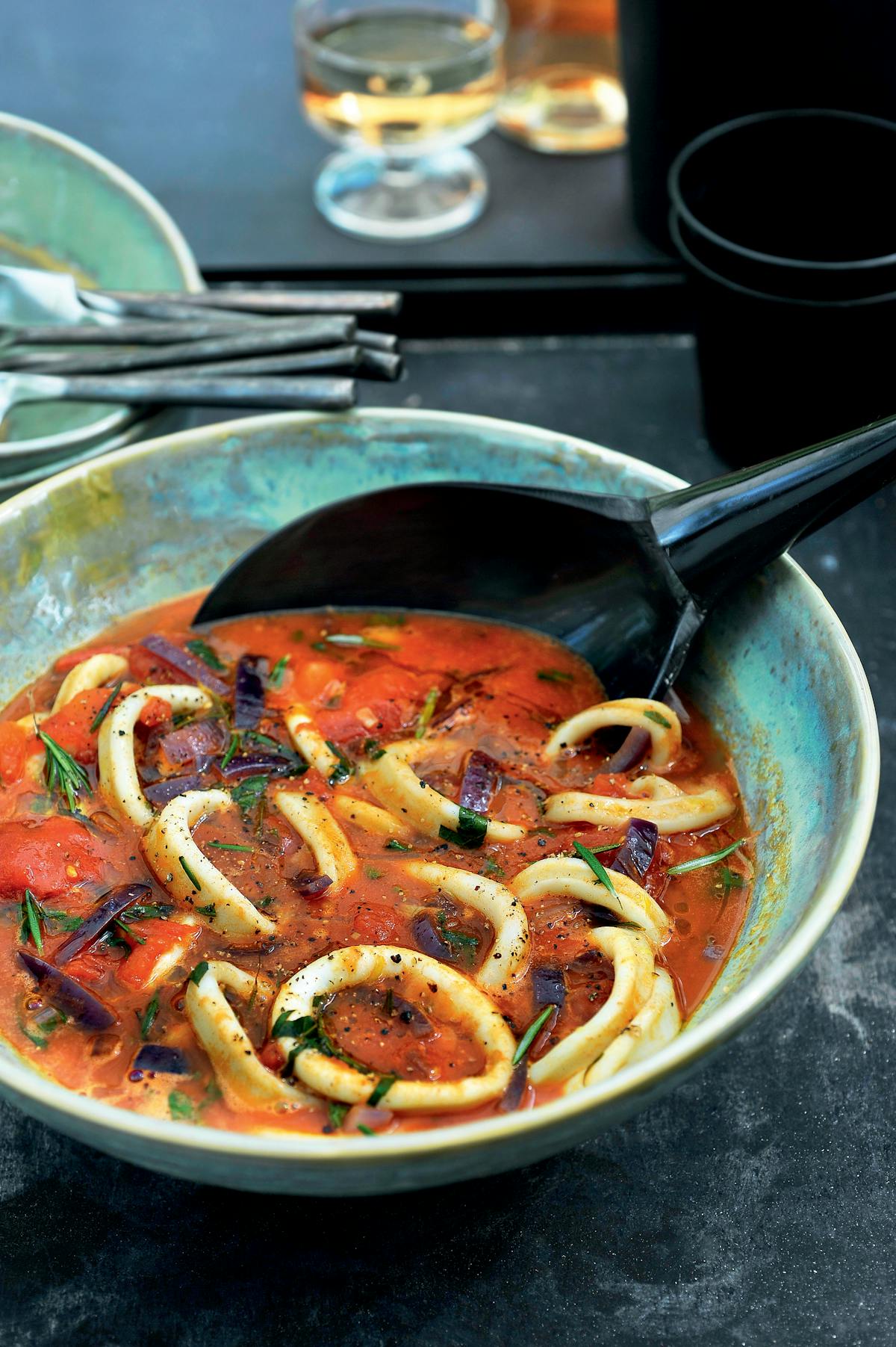 Mediterranean tomato stew with calamari