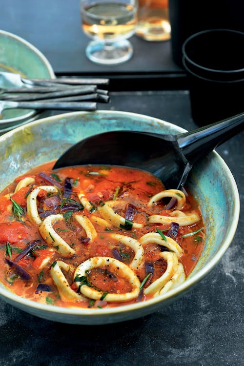 Mediterranean tomato stew with calamari
