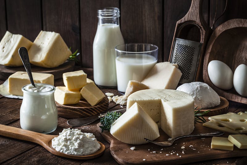 Dairy products shot on rustic wooden table