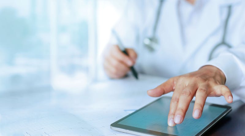 Medicine doctor hand touching tablet computer interface as medical report network connection on screen, medical technology network concept