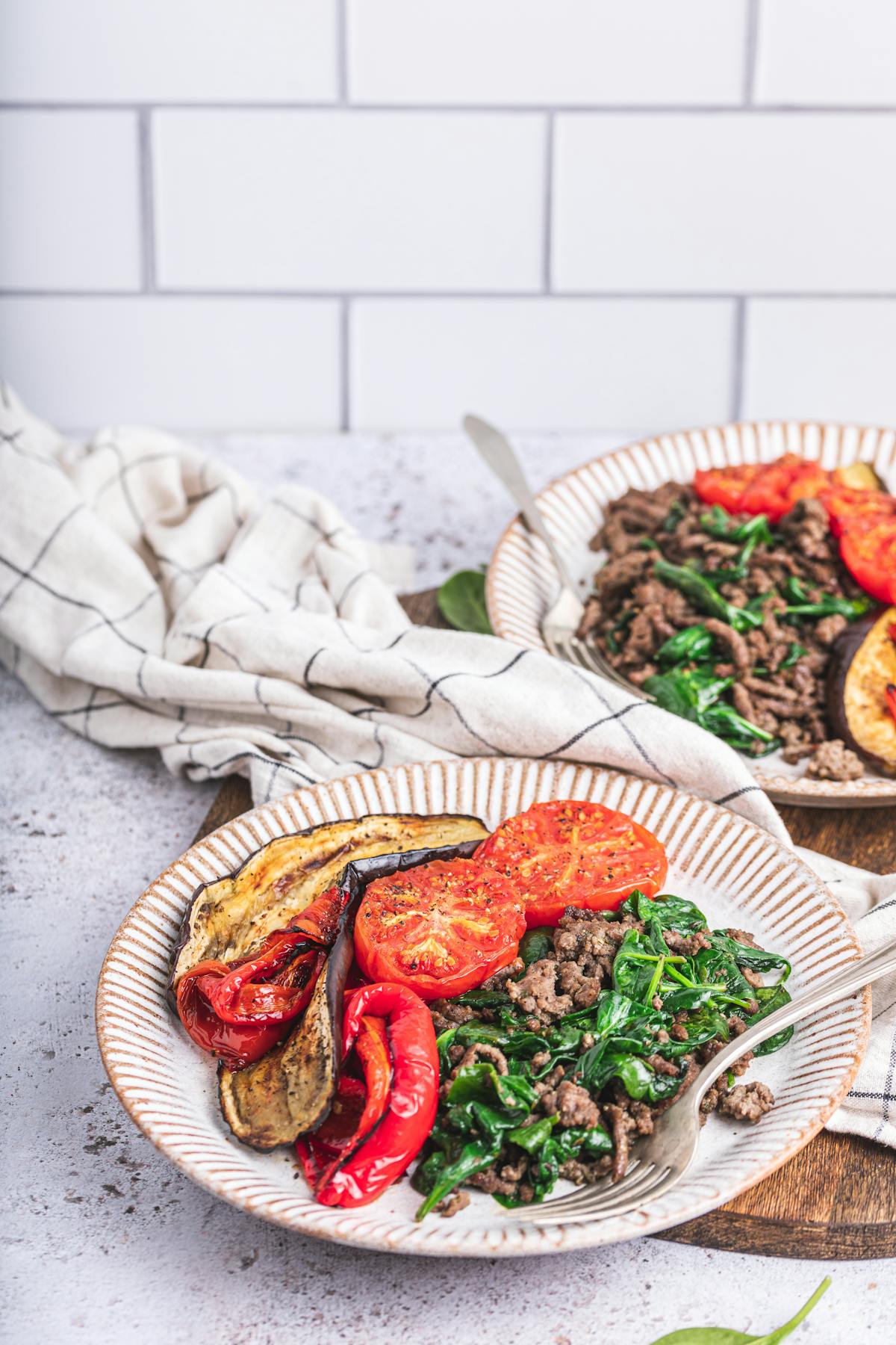 Ground beef with roasted peppers and eggplant