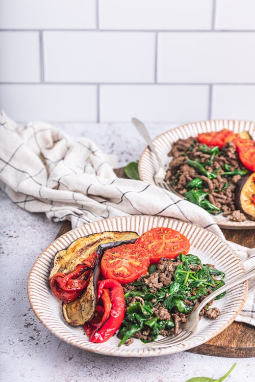 Ground beef with roasted peppers and eggplant