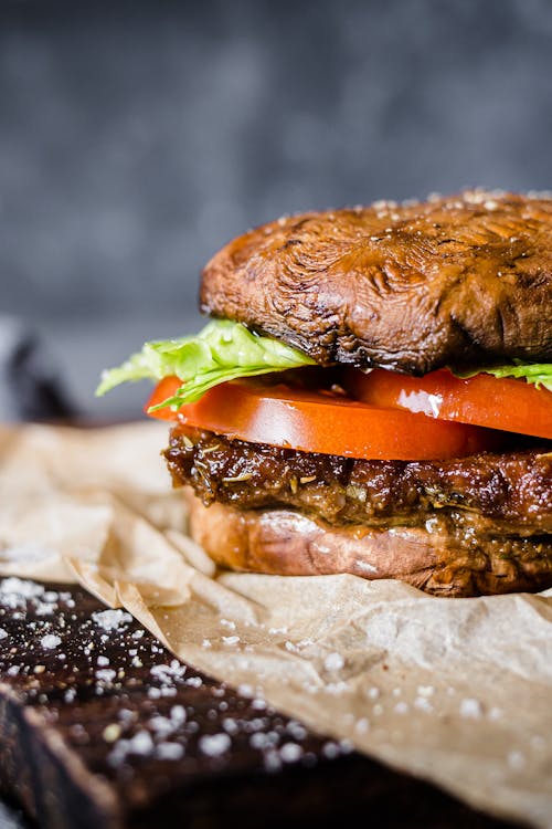 Low carb vegan tempeh burger with portobello bun