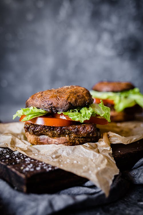 Low carb vegan tempeh burger with portobello bun