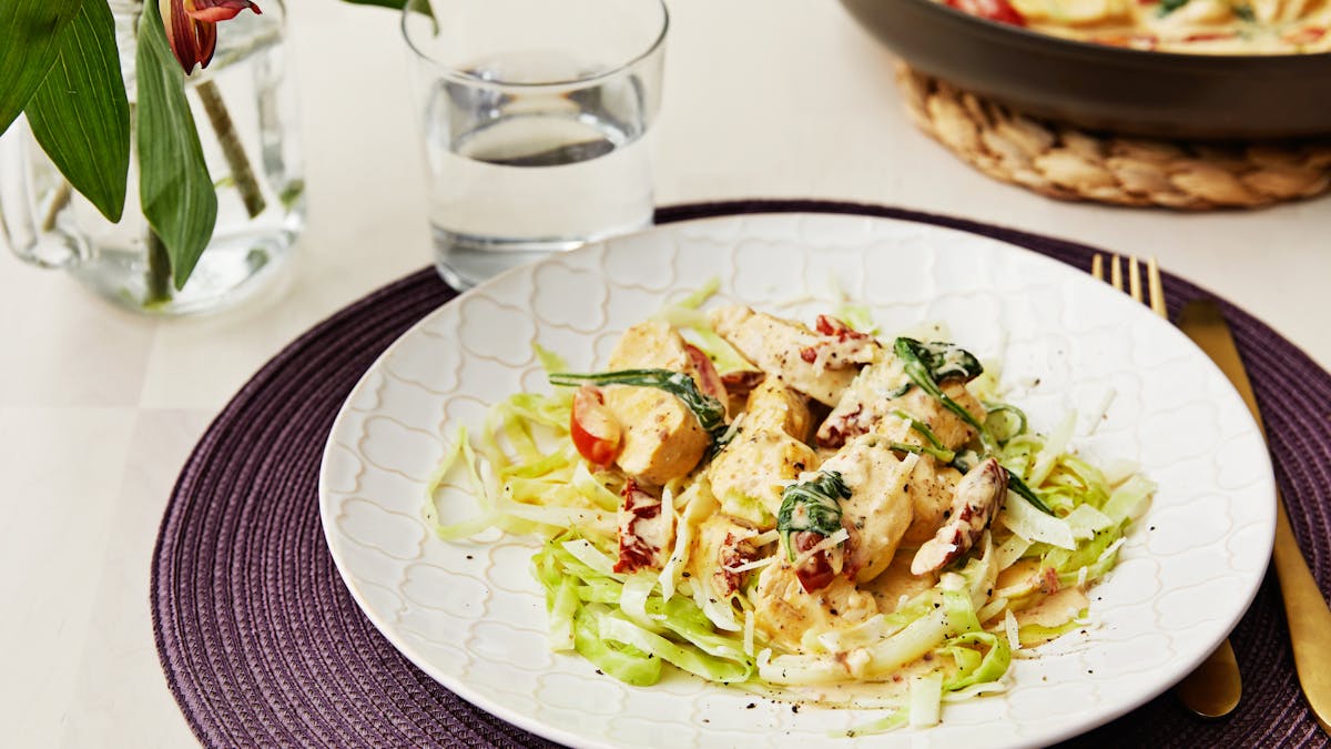 Italian keto chicken parmesan with cabbage pasta