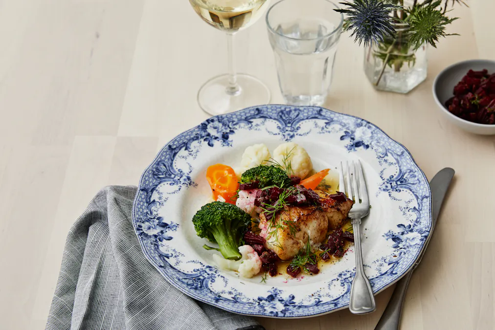 Pan-fried cod with beet salad and browned butter