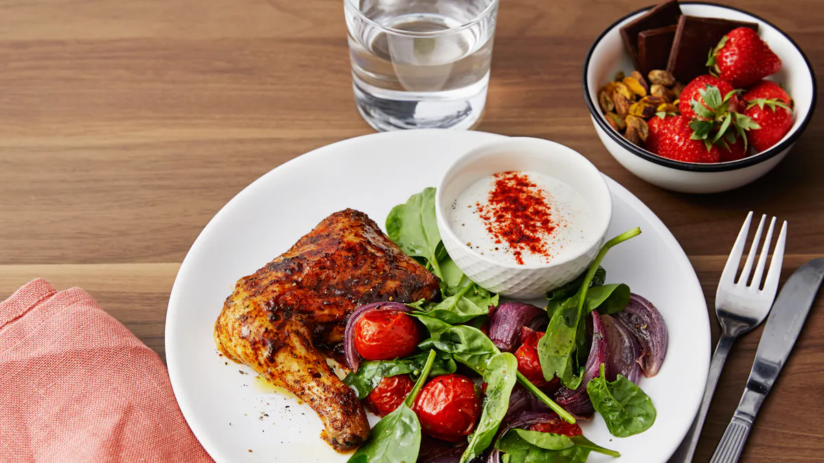 Roasted chicken legs with veggies, paprika sauce and dessert