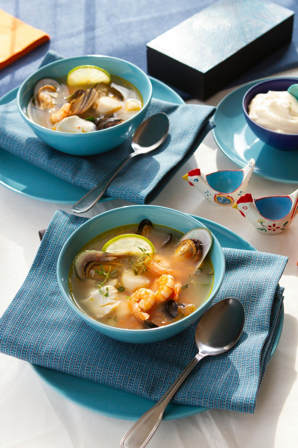 Low carb seafood soup with garlic mayo